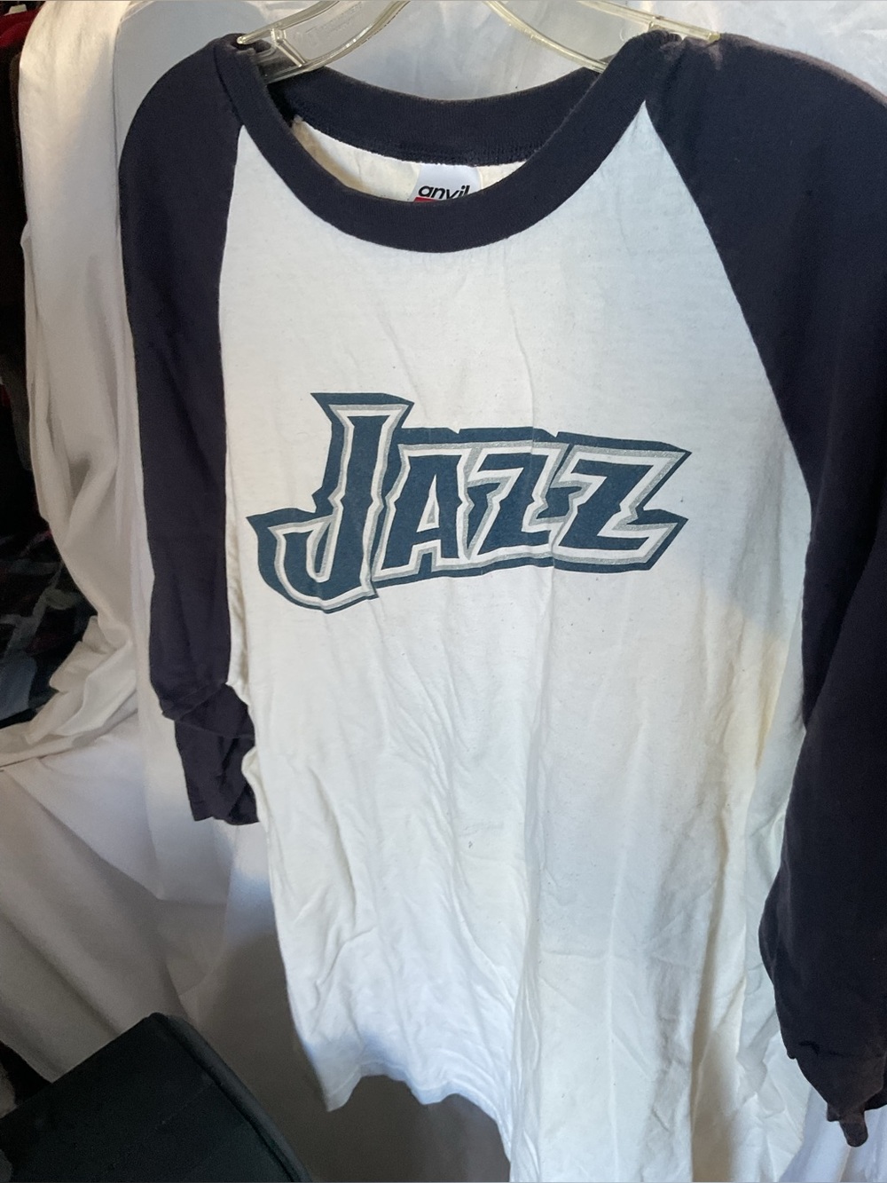 Anvil Raglan 'Jazz' Graphic Tee in White & Navy
